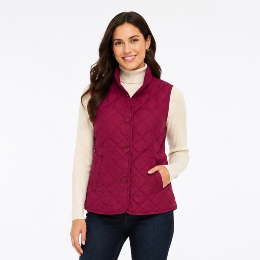 Gap Magenta Pink Quilted Button Front Mock Neck Vest M Fall Chic Preppy 114-52